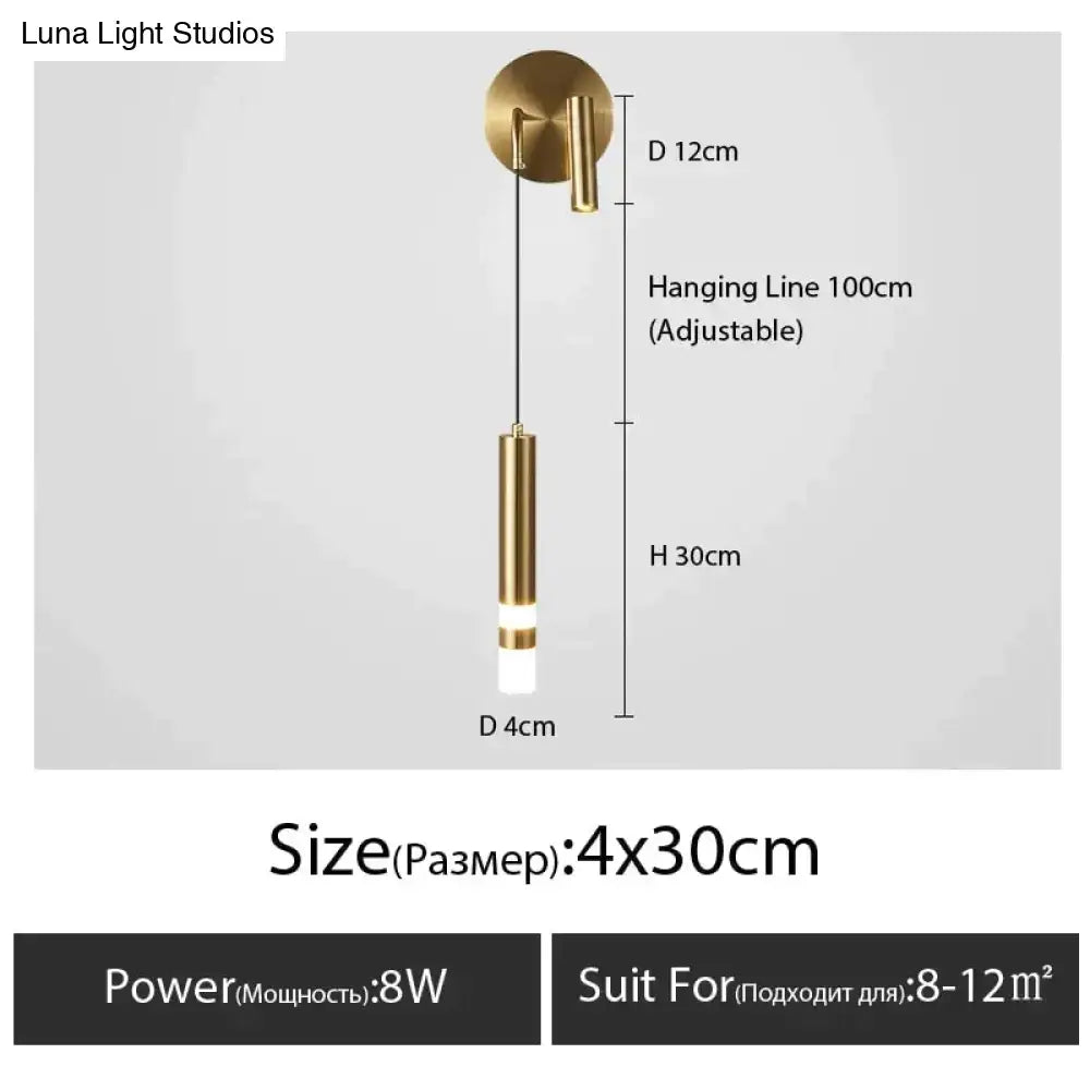 Gold-finished cylindrical pendant light with adjustable hanging line for minimalist creative luxury bedroom decor