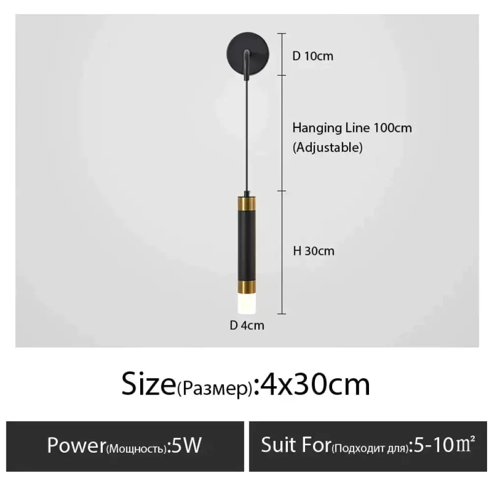 Minimalist creative luxury black and gold cylindrical pendant bedside wall lamp with white led bulb for bedroom use