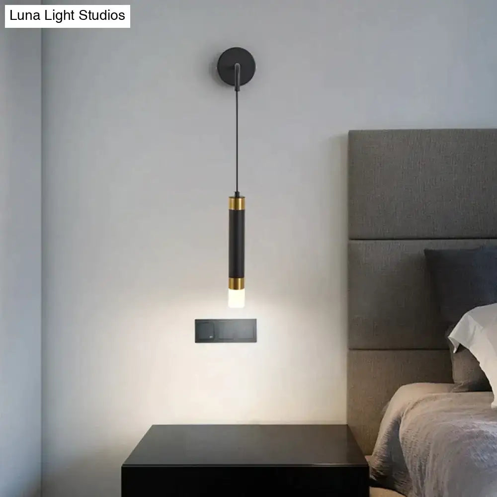 Minimalist creative luxury black cylindrical pendant wall lamp with gold accents for a luxury bedroom bedside