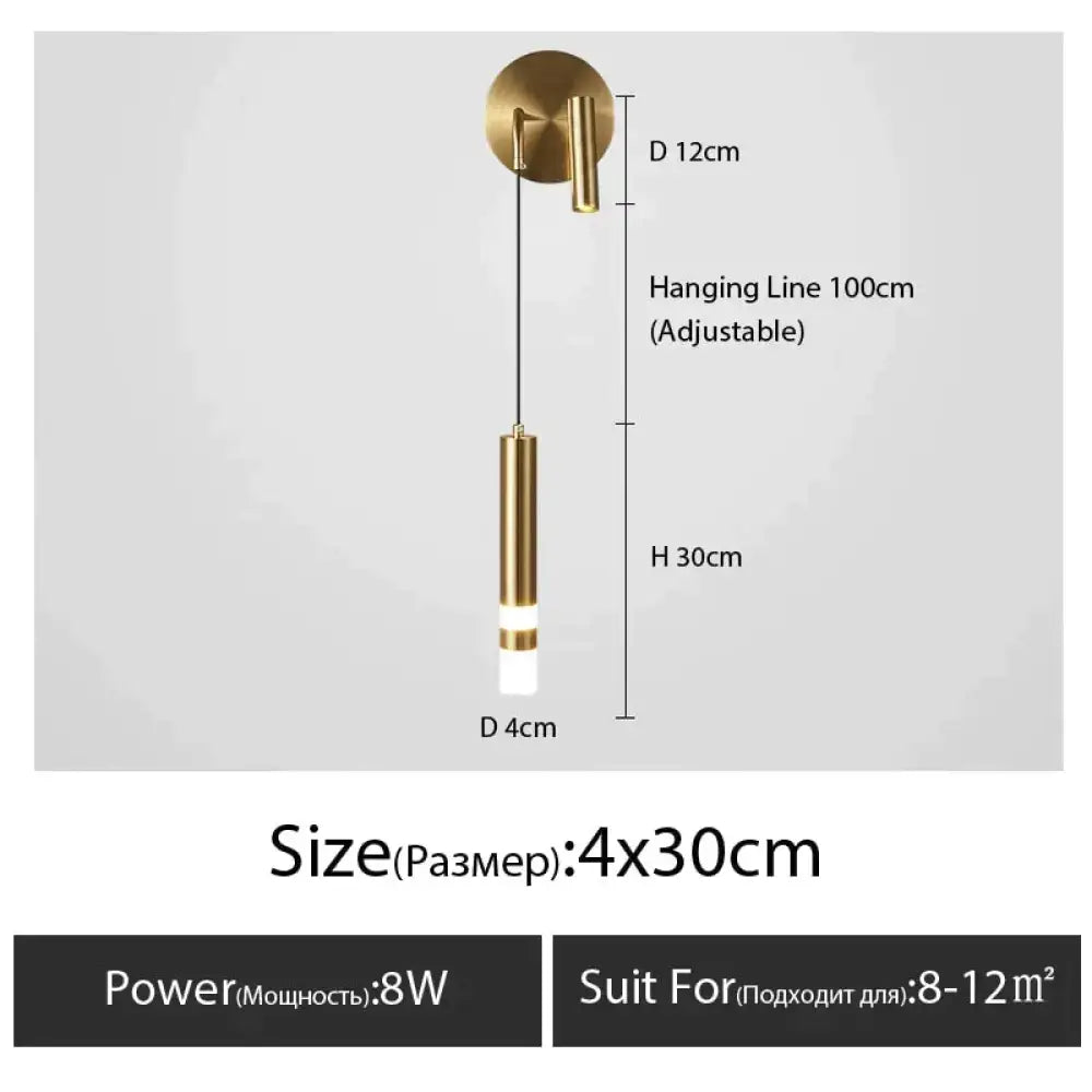 A minimalist creative luxury black and gold brass cylindrical pendant light with white led bulb for luxury bedroom bedside use
