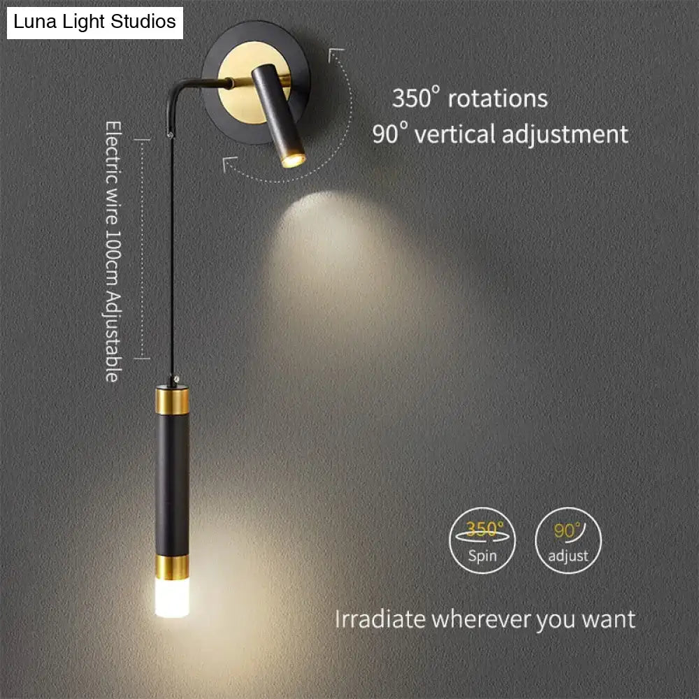 Adjustable minimalist creative luxury black and gold bedside wall lamp with 350° rotation for luxury bedroom lighting