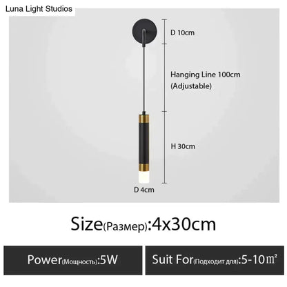 Minimalist creative luxury black and gold cylindrical bedside wall lamp with white led bulb for luxury bedroom use