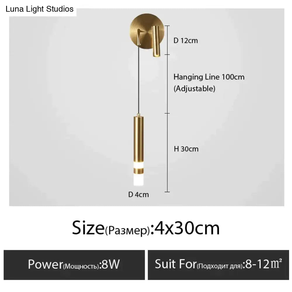 Gold-finished cylindrical pendant light with adjustable hanging line for minimalist creative luxury bedroom décor