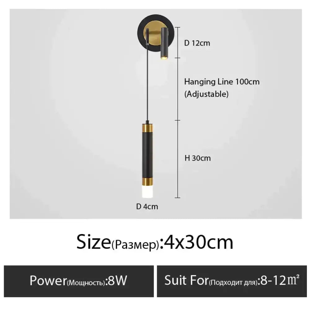 Minimalist creative luxury black and gold cylindrical pendant light with adjustable hanging line for luxury bedroom bedside
