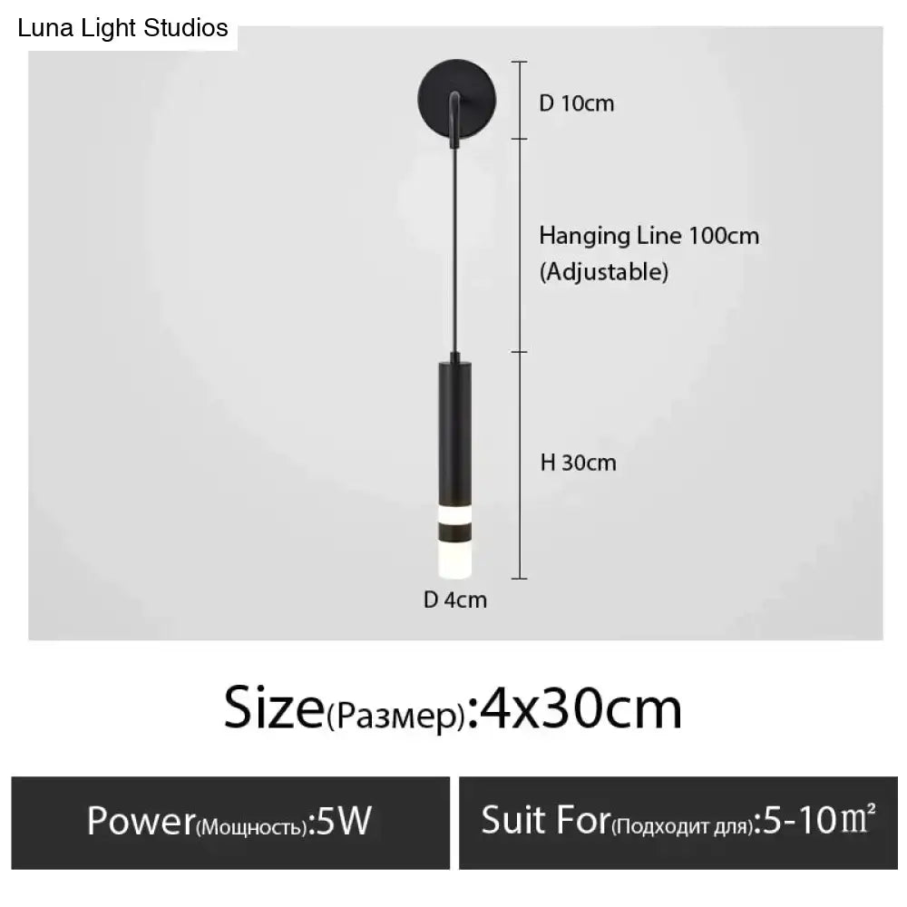 Black cylindrical pendant light with white led bulb and adjustable line for minimalist creative luxury bedroom bedside use
