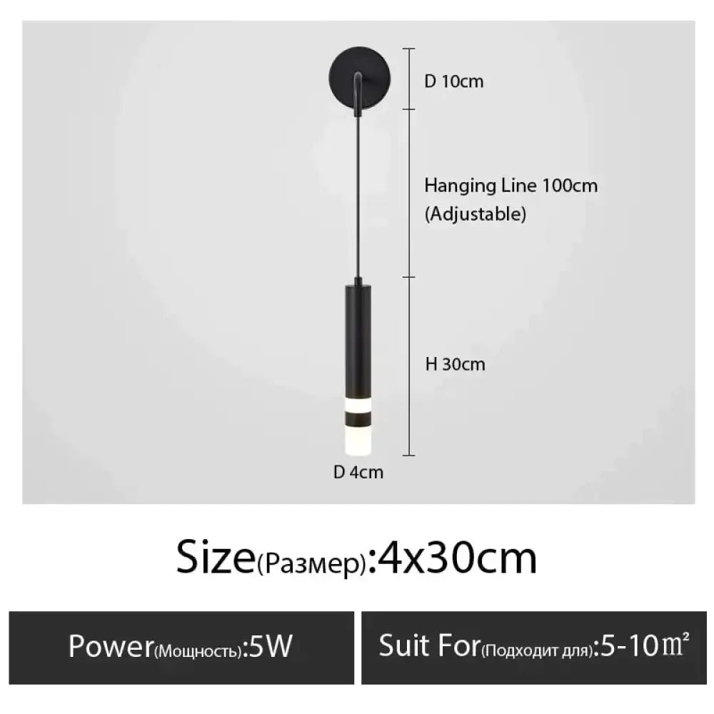 Minimalist creative luxury black cylindrical pendant light with white led bulb and adjustable hanging line for luxury bedroom bedside