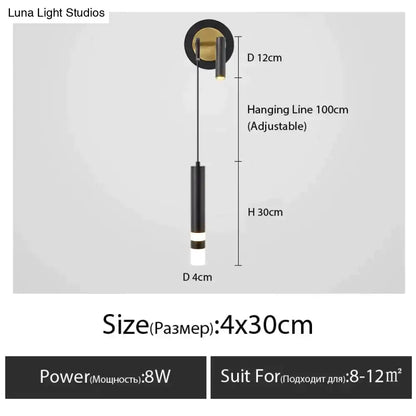 Minimalist creative luxury black cylindrical pendant light with gold ceiling mount and white accent for luxury bedroom bedside
