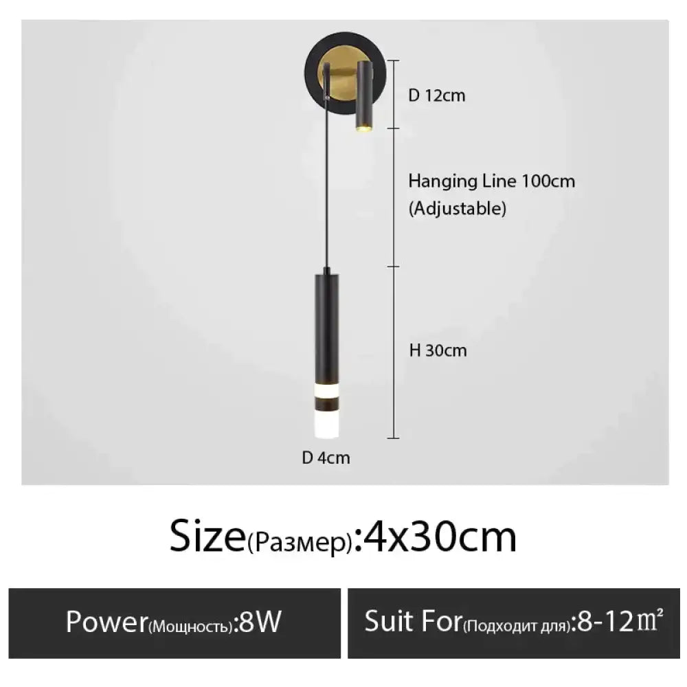 Modern black cylindrical pendant light with gold ceiling mount and adjustable line for luxury bedroom bedside use