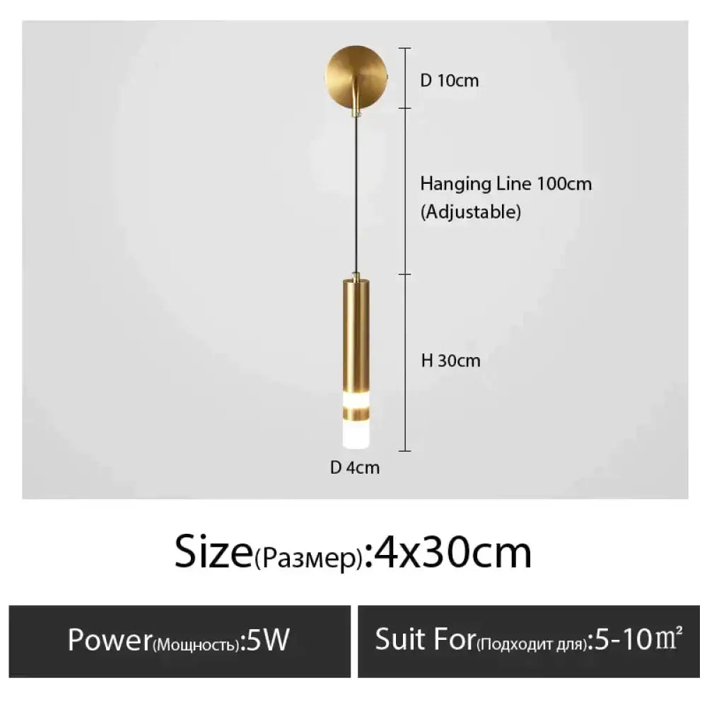 Gold-toned cylindrical pendant light with adjustable hanging line for minimalist creative luxury bedroom bedside use