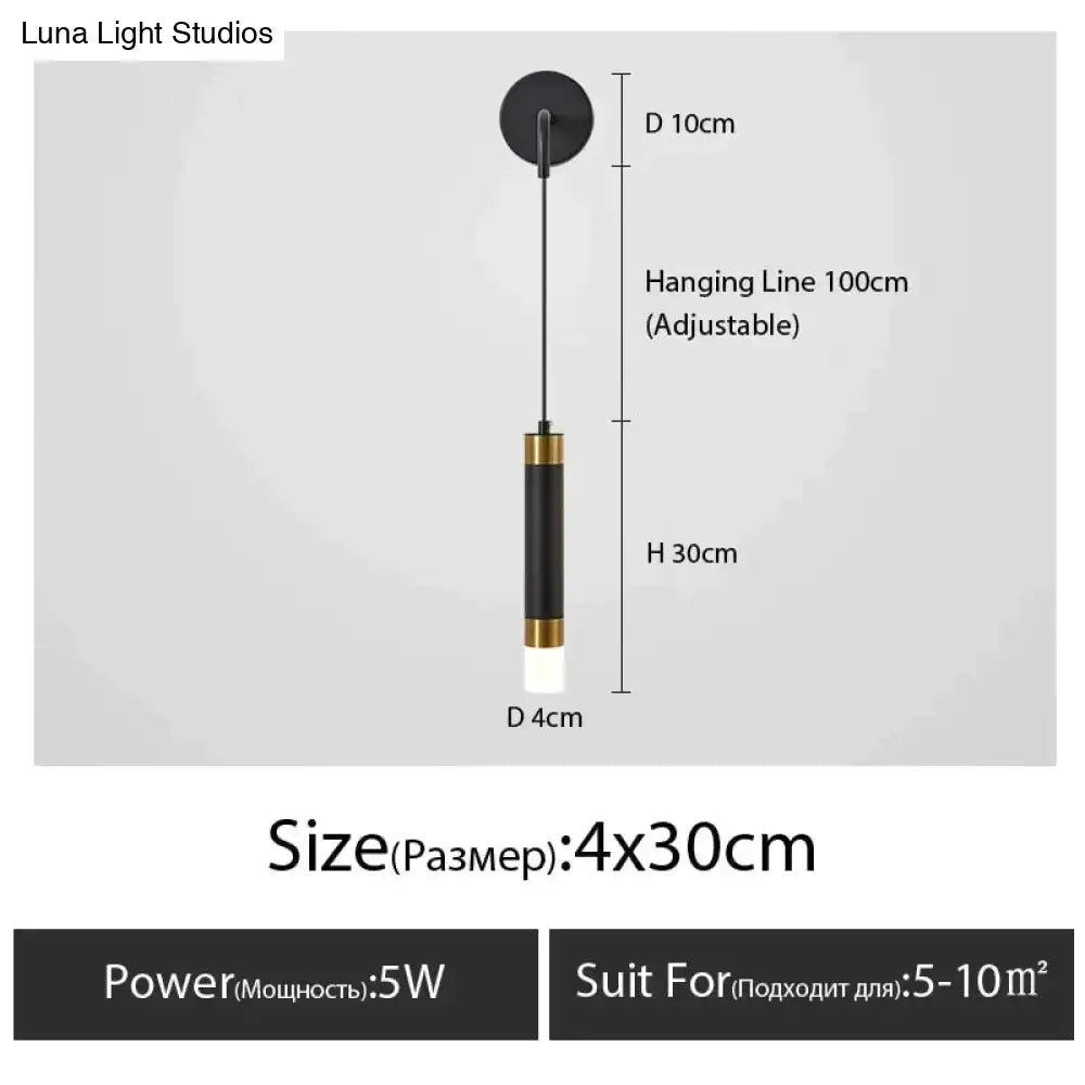 Minimalist creative luxury black and gold cylindrical pendant light with adjustable hanging line for luxury bedroom bedside