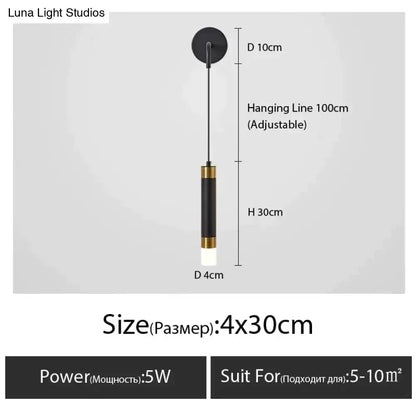 Minimalist creative luxury black and gold cylindrical pendant light with adjustable hanging line for luxury bedroom bedside
