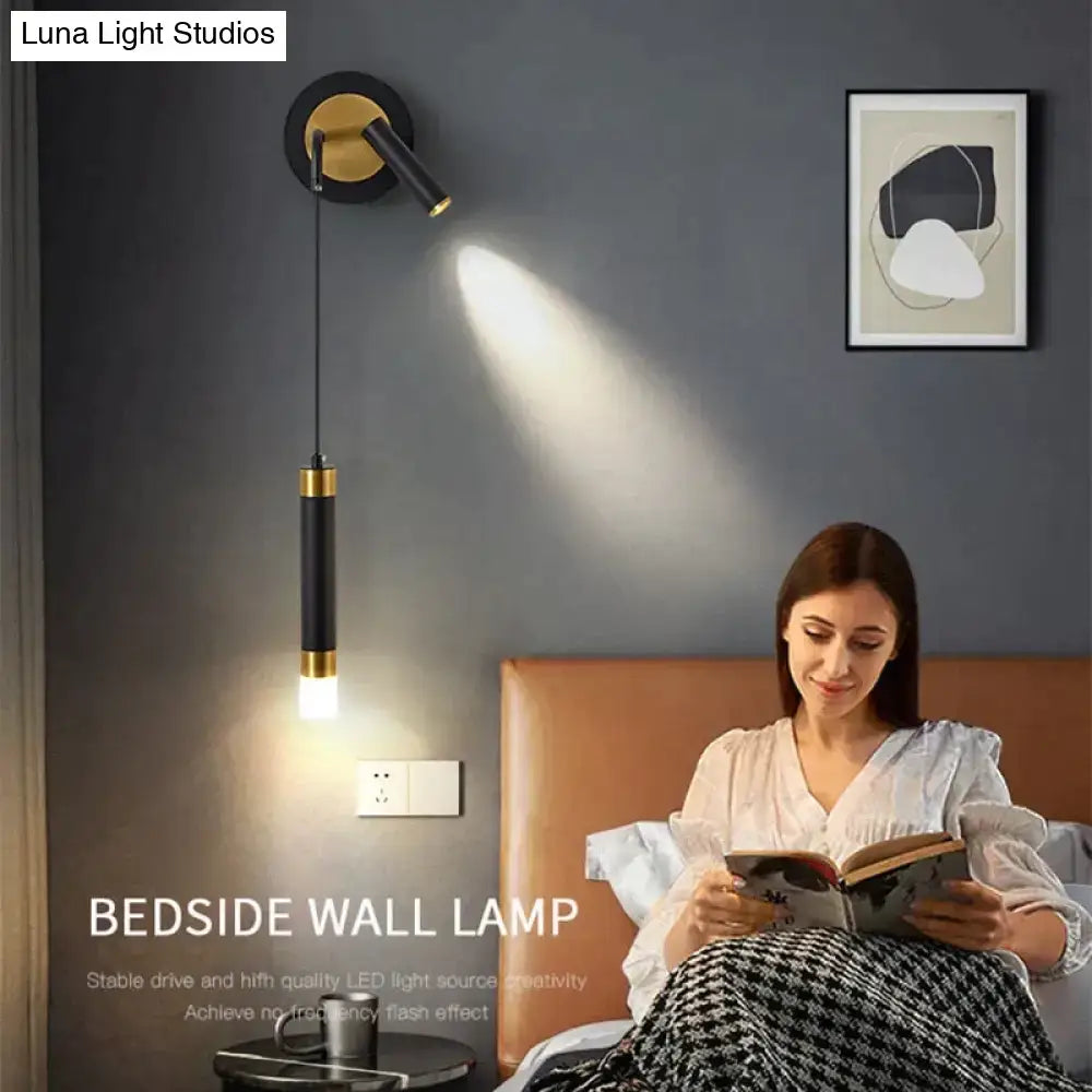 Minimalist creative luxury black and gold cylindrical led bedside wall lamp with sleek modern design for luxury bedroom bedside