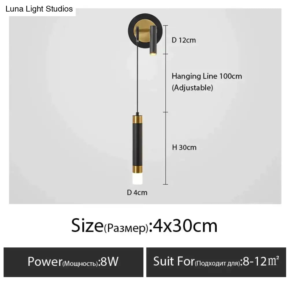 Modern black and gold cylindrical pendant light with adjustable line for minimalist creative luxury bedroom decor