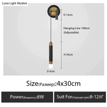 Modern black and gold cylindrical pendant light with adjustable line for minimalist creative luxury bedroom decor