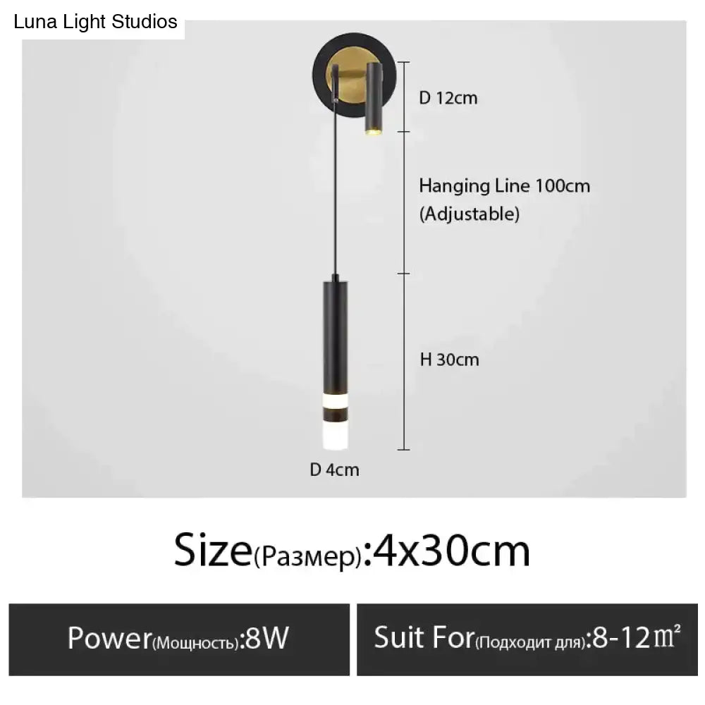 Black cylindrical pendant light with gold-toned mount and 100cm adjustable line for minimalist creative luxury bedroom