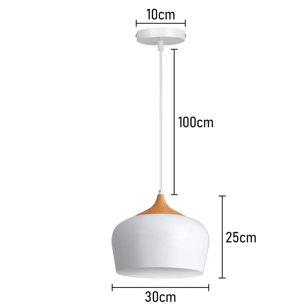 Minimalist crisp white pendant light with matte finish and warm wood accent designed for kitchen island lighting