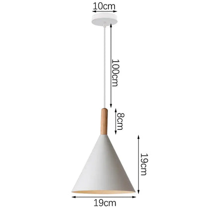 White conical pendant light with wood accent and crisp white finish designed for minimalist kitchen island lighting