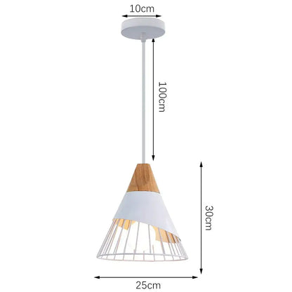 Minimalist crisp white pendant light with wood accent and metal cage, 30cm length and 25cm width for kitchen island