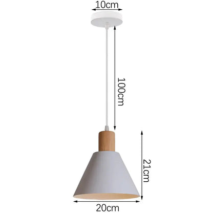 Minimalist crisp white pendant light with wood accent and matte finish designed for kitchen island lighting