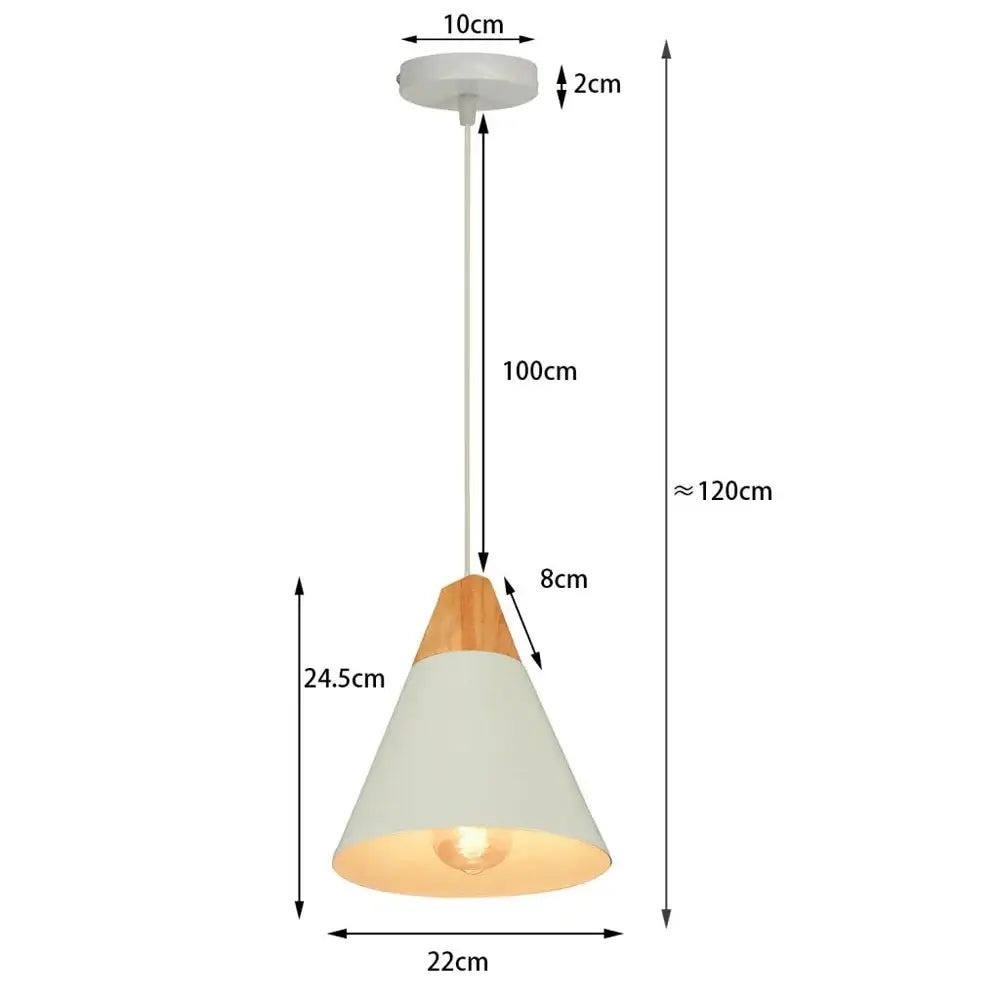Minimalist pendant light with crisp white conical shade and wood accent top, ideal for kitchen island lighting