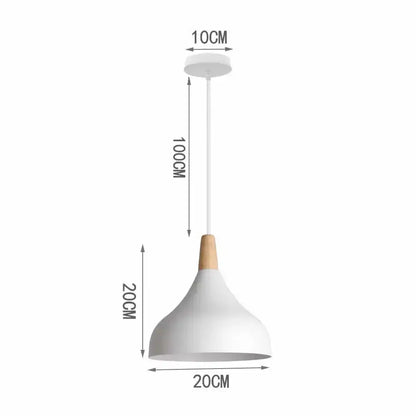 Minimalist crisp white pendant light with wood accent and conical shade with height and diameter measurements for kitchen island