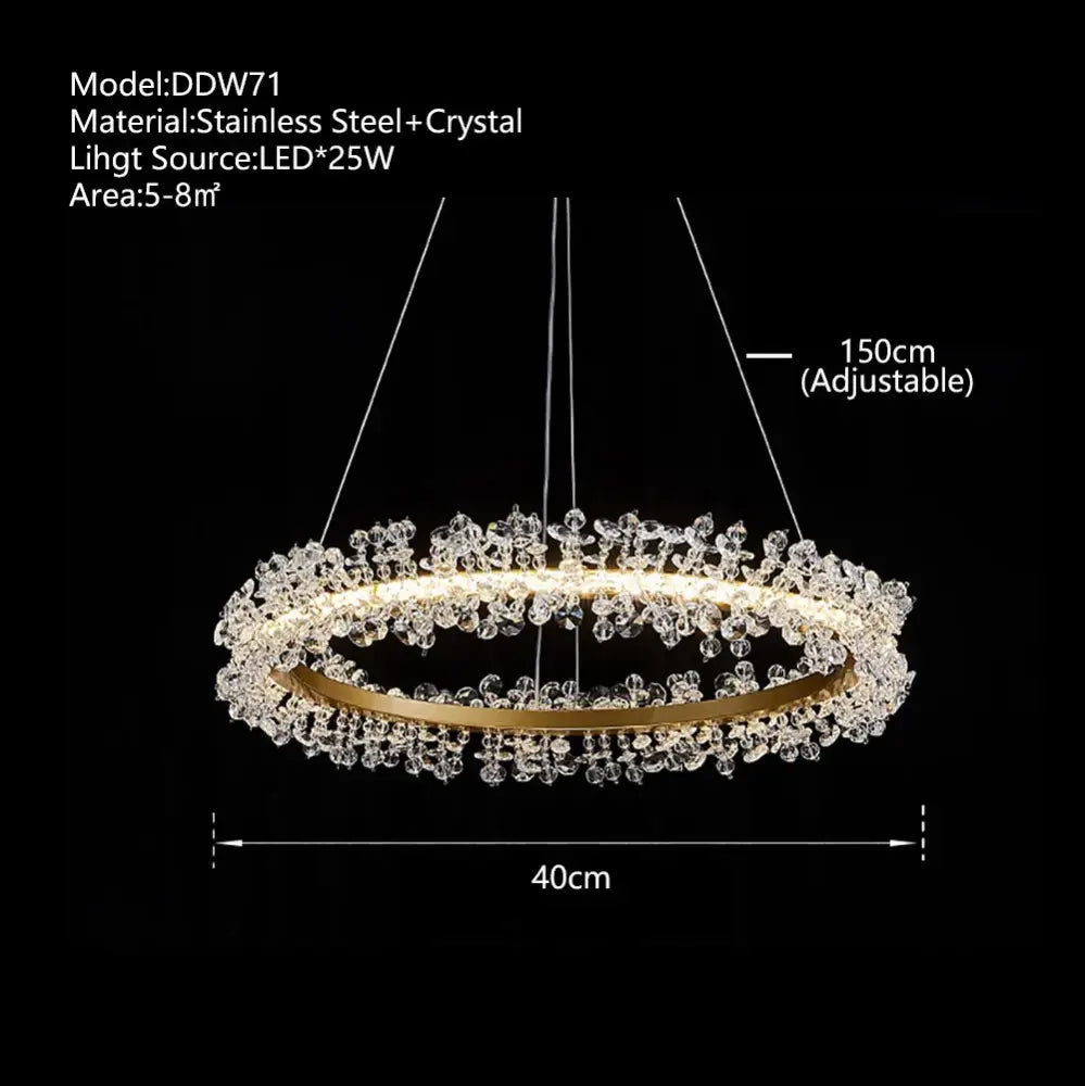 Minimalist crystal gold black ring chandelier with gold-toned circular frame and clear crystal droplets for dining room decorbites