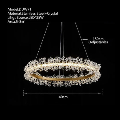 Minimalist crystal gold black ring chandelier with gold-toned circular frame and clear crystal droplets for dining room decorbites