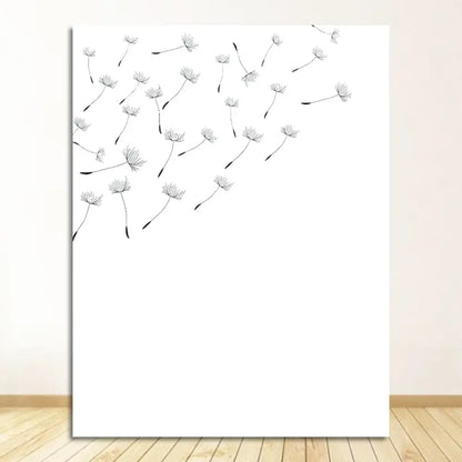 Black ink drawn minimalist dandelion illustrations on white canvas wall art from decorbites minimalist dandelion set