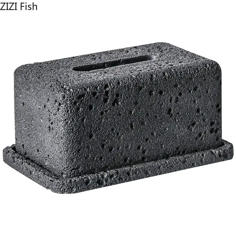 Minimalist dark gray porous stone tissue box rack with rectangular slot and matching base for kitchen decor