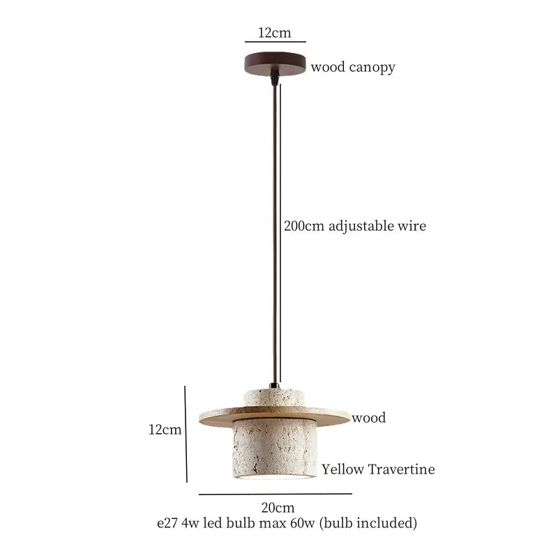 Yellow travertine pendant lamp with wood canopy and adjustable 200cm wire for minimalist dining room decorbites led yellow