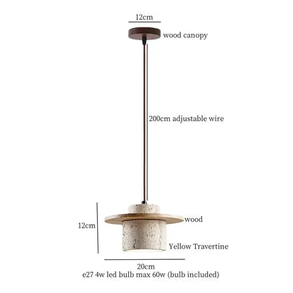 Yellow travertine pendant lamp with wood canopy and adjustable 200cm wire for minimalist dining room decorbites led yellow
