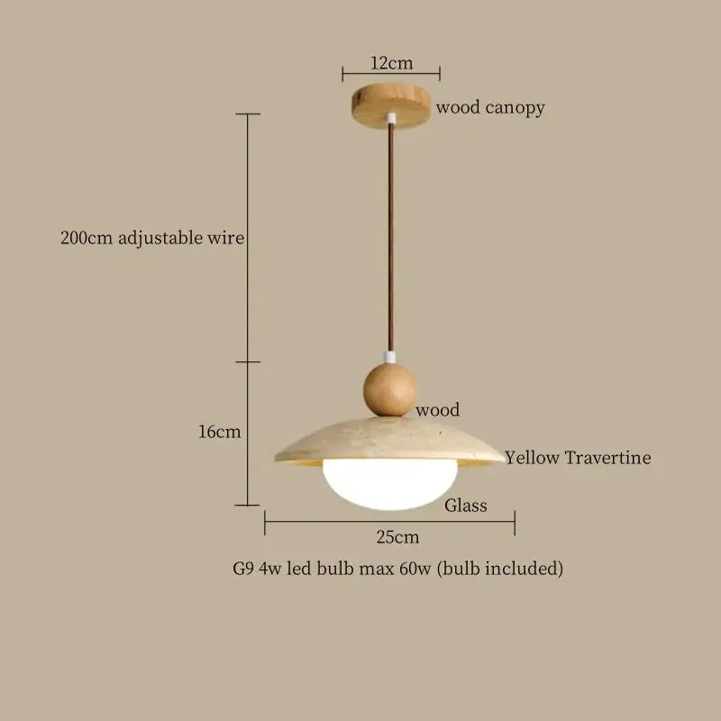 Minimalist decorbites led yellow travertine pendant lamp with warm wood canopy and adjustable wire for dining room lighting