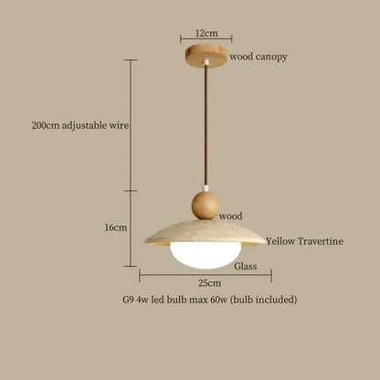 Minimalist decorbites led yellow travertine pendant lamp with warm wood canopy and adjustable wire for dining room lighting
