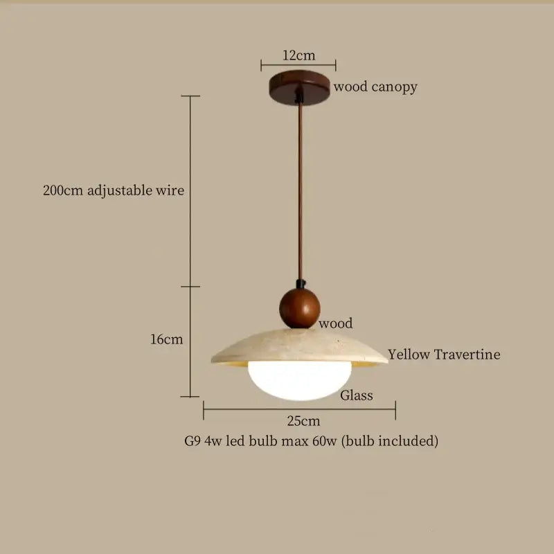 Minimalist decorbites led yellow travertine pendant lamp with wooden sphere and warm canopy for dining room lighting