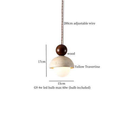 Minimalist pendant lamp with dark wood sphere and curved yellow led yellow travertine shade for dining room decorbites