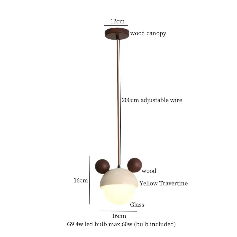 Minimalist wooden mouse-themed pendant lamp with beige travertine shade and glass diffuser for dining room decorbites led yellow