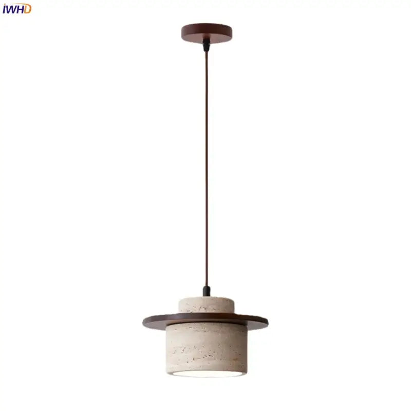 Minimalist pendant lamp with decorbites led yellow travertine and dark wood accents for dining room lighting