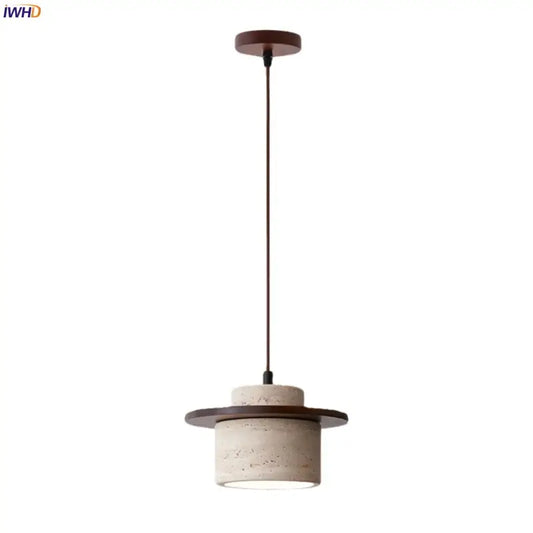 Minimalist pendant lamp with decorbites led yellow travertine and dark wood accents for dining room lighting