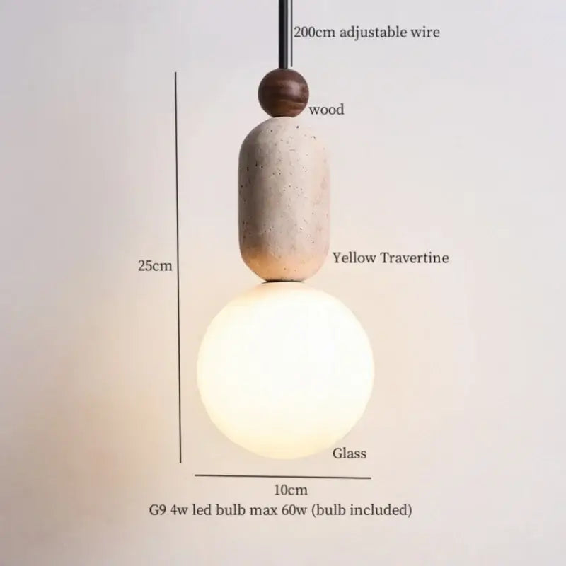 Minimalist pendant lamp with warm glass globe, decorbites led yellow travertine accent, and wooden bead for dining room