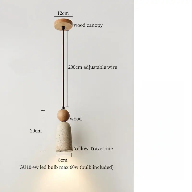Minimalist pendant lamp with natural wood canopy and led yellow travertine shade by decorbites for dining room