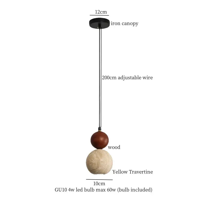 Minimalist decorbites led yellow travertine pendant lamp with black iron canopy and wooden spherical shade for dining room