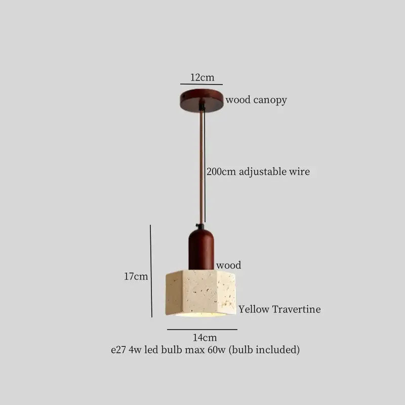 A modern pendant lamp with wood canopy, adjustable wire, and led yellow travertine shade for dining room decorbites