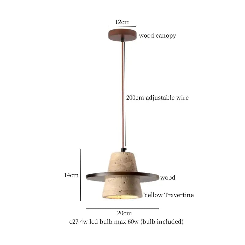 A minimalist decorbites led yellow travertine pendant lamp with a wood canopy and adjustable wire for dining rooms
