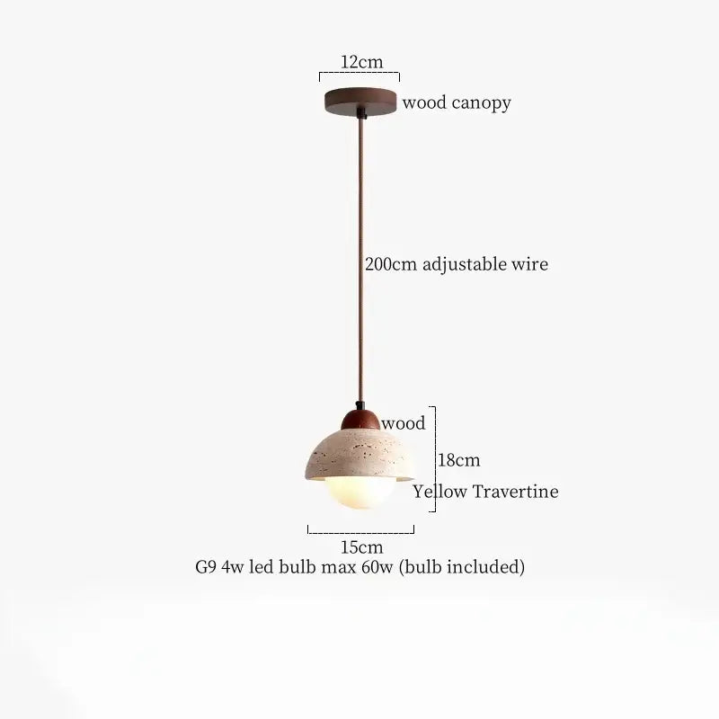 A warm-toned pendant lamp with rustic wood canopy and led yellow travertine shade for minimalist dining decorbites