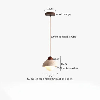 A warm-toned pendant lamp with rustic wood canopy and led yellow travertine shade for minimalist dining decorbites