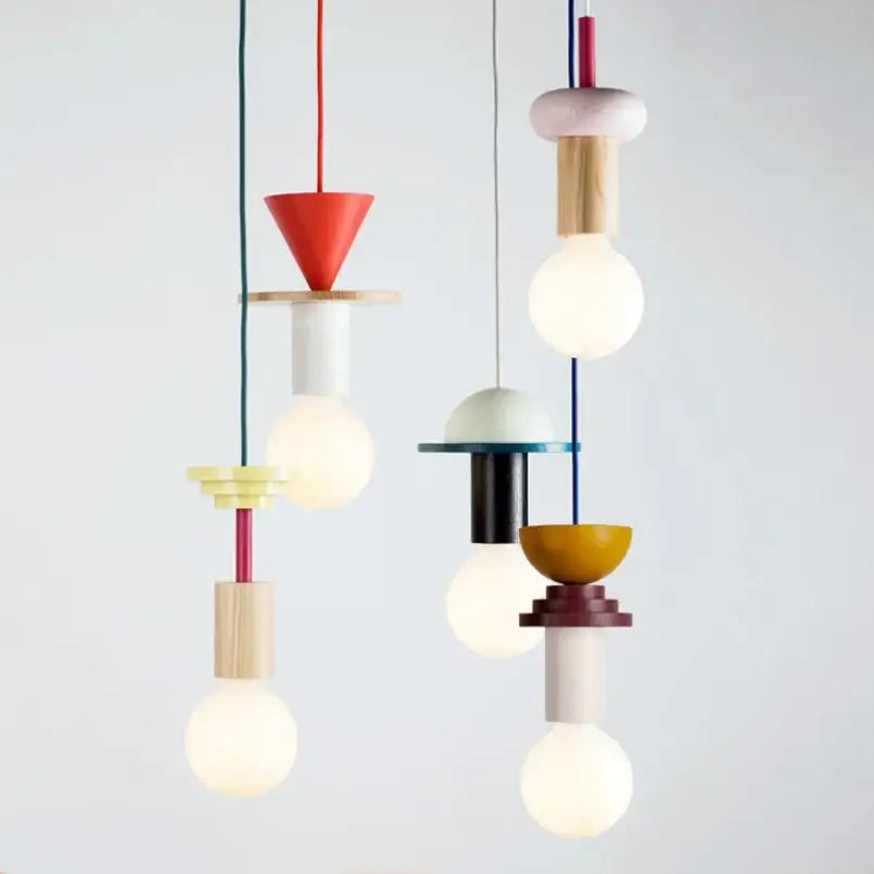 Minimalist earth tone wood and ceramic pendant light with colorful nordic wood and metal accents for dining room decorbites