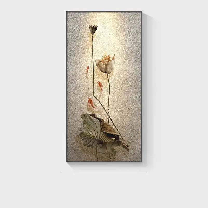 Minimalist earthy lotus led wall lamp featuring textured beige canvas with lotus flowers and orange fish for bedroom decor