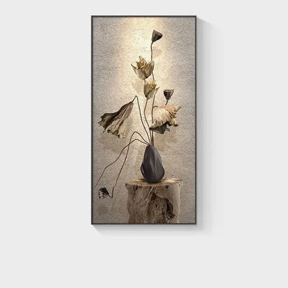Minimalist black ceramic vase with dried lotus flowers decorates a bedroom led wall lamp canvas for earthy ambiance