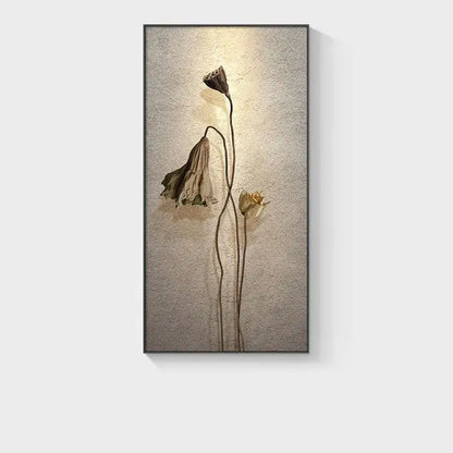 Minimalist earthy lotus led wall lamp featuring three dried lotus pods on a muted canvas print for bedroom decor