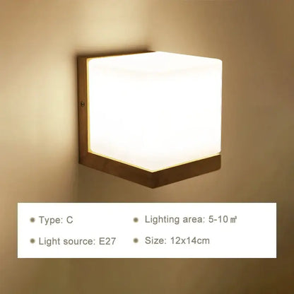 Minimalist wooden wall lamp with frosted glass warm white panel and pull chain for bedroom lighting